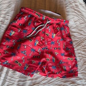 Men's Red Beach Print Swim Trunks
